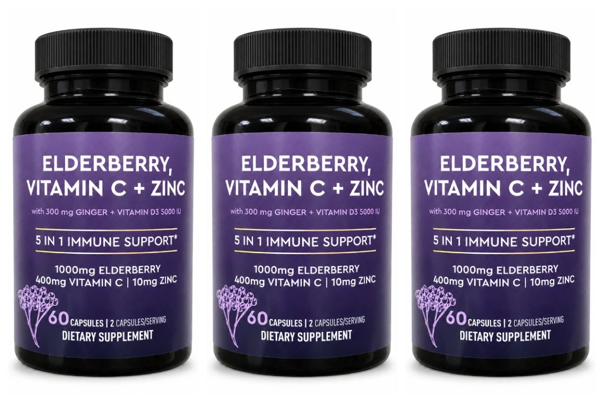 Elderberry Vitamin C Zinc Supplement with D3 5000 IU, Ginger Root Extract Sambucus Nigra Capsules 60 Count