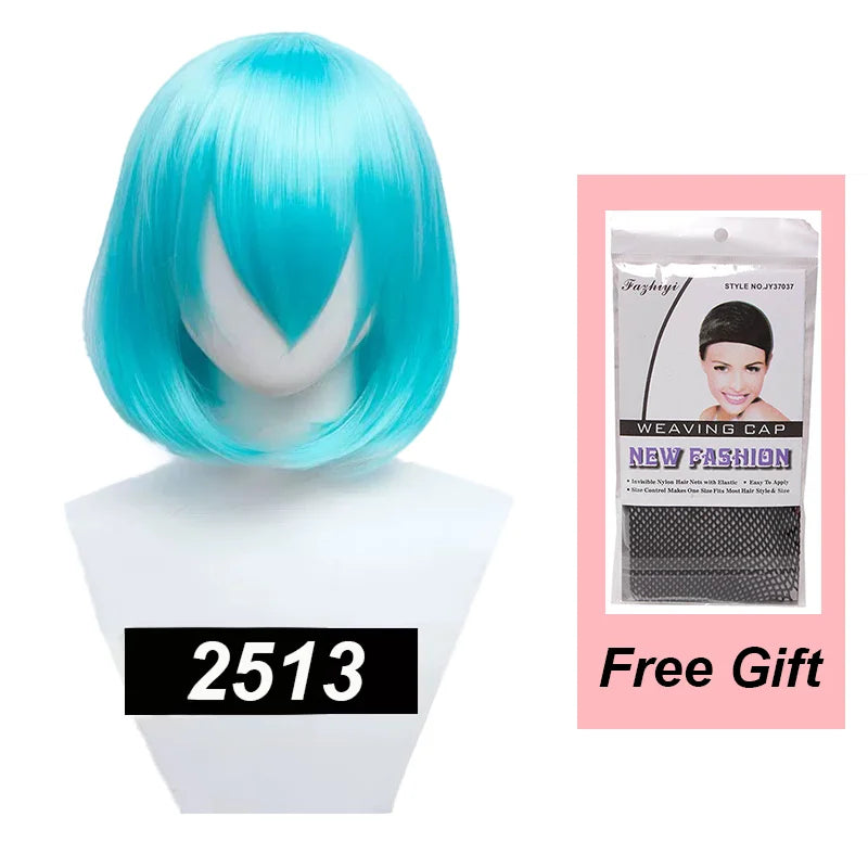 Snoya 35cm Synthetic Short Bob Straight Hair with Trimmable Bangs Lolita Pink Green Blonde Red Cosplay Wigs for Women+Wig Cap