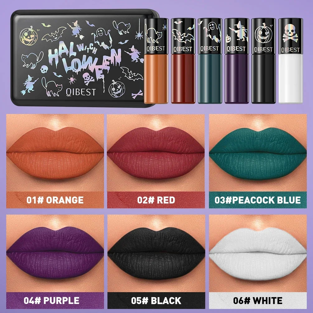 QIBEST Halloween Lipgloss Makeup Sets Matte Liquid Lipstick Waterproof Red Lipgloss Black Purple Orange Non-Stick Cup Lipstick